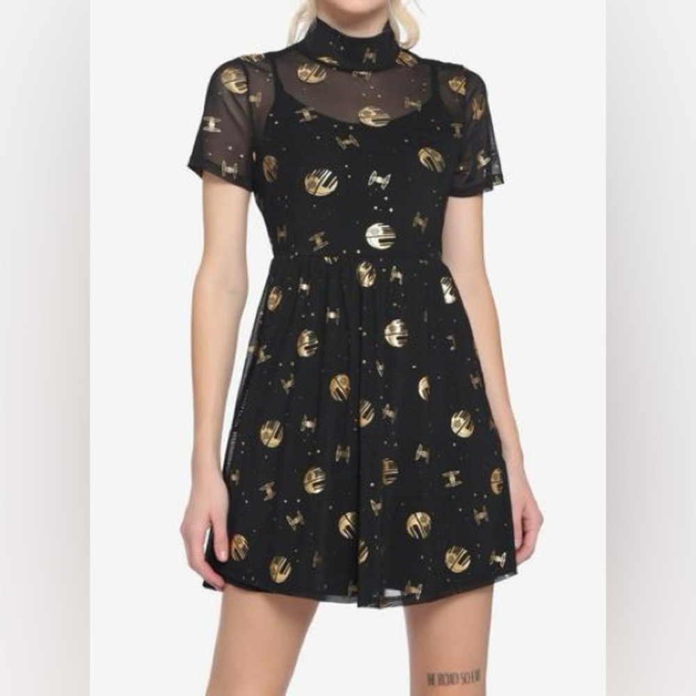 Lucasfilm 50th Anniversary Star Wars Gold & Black Death Star Mock Neck Dress